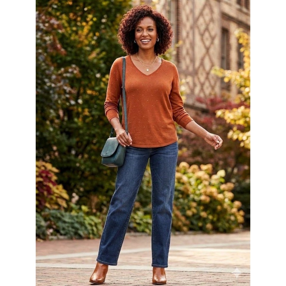 Chicos Women Orange Studded V-Neck Sweater Long Sleeve Rust Knit Top Size 2 L